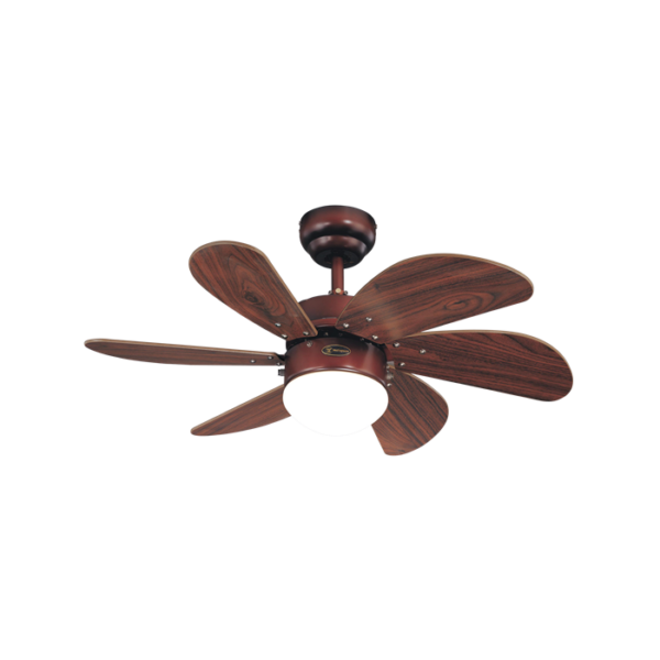 VENTILADOR CONTENPORANEO 72386 TURBO SWIRL 76CM/30" MOTOR 50W 120V , 6 ASPAS COLOR PALO ROSA/ ACABADO BRONCE RUSTICO CON BASE 1XE27/ 3 VELOCIDADES MANUAL C/CADENA