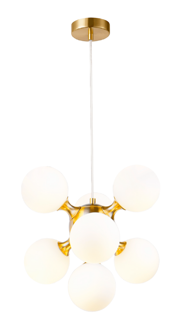 LUMINARIA COLGANTE DE TECHO DECORATIVA 7XG9 ACABADO GOLD PLATING + VIDRIOS OPALINOS D: 35CM H-150CM