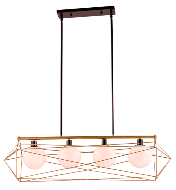 LUMINARIA DECORATIVA COLGANTE DE TECHO 4XG9 110-240V ACABADO DORADO + NEGRO + VIDRIO BLANCO D:L-106CM X W-29.5CM X H-178CM