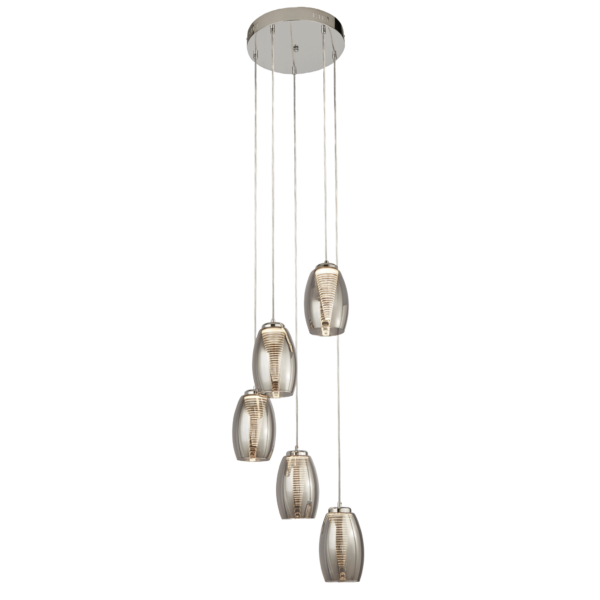 LUMINARIA COLGANTE DE TECHO DECORATIVA LED 5X5W 3000K 100-240V ACABADO CROMO PANTALLA SMOKE BLACK IP20 DIAMETROS: D-350MM H-1700