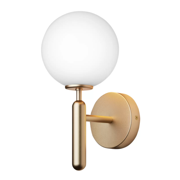 LAMPARA DE PARED TIPO ESFERA VIDRIO BLANCO-BASE DORADA 1XE27